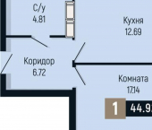 1-комн, 45 кв м, этаж 6/25 ул Мира, 429