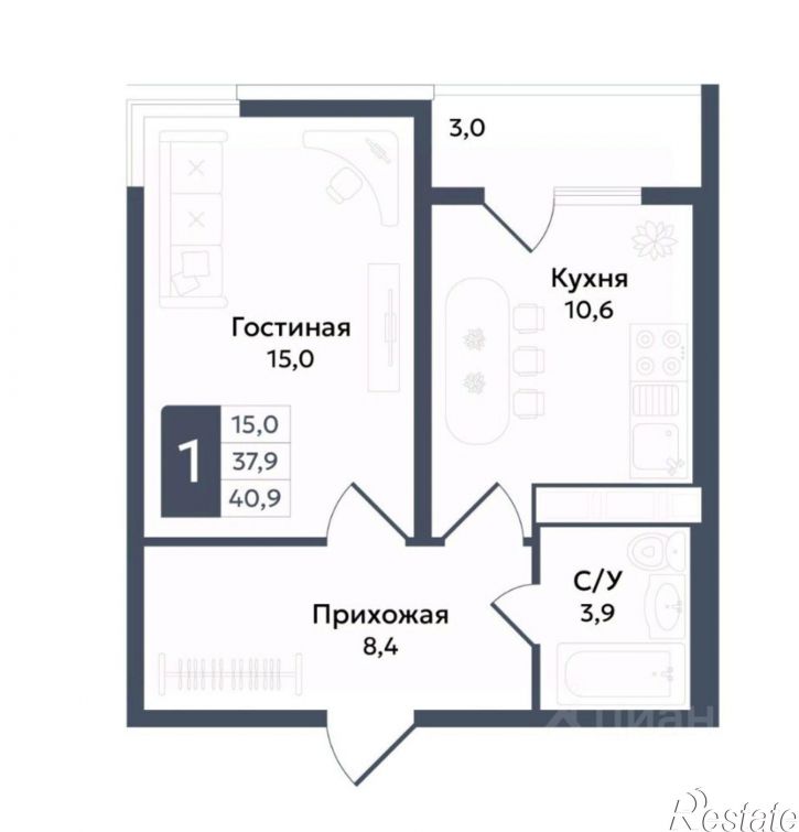 1-комн квартира в новом доме улица Андрея Голуба, 11Б