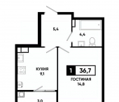 1-комн, 36 кв м, этаж 5/19 Российский пр-кт, 16