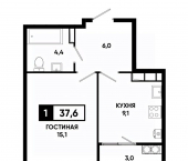 1-комн, 37 кв м, этаж 16/19 Российский пр-кт, 16