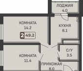 2-комн, 49 кв м, этаж 14/19 Промышленный район, микрорайон № 35