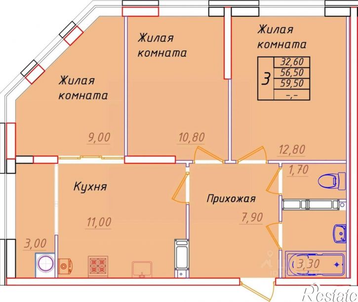 3-комн квартира в новом доме Ленинский район, микрорайон № 9