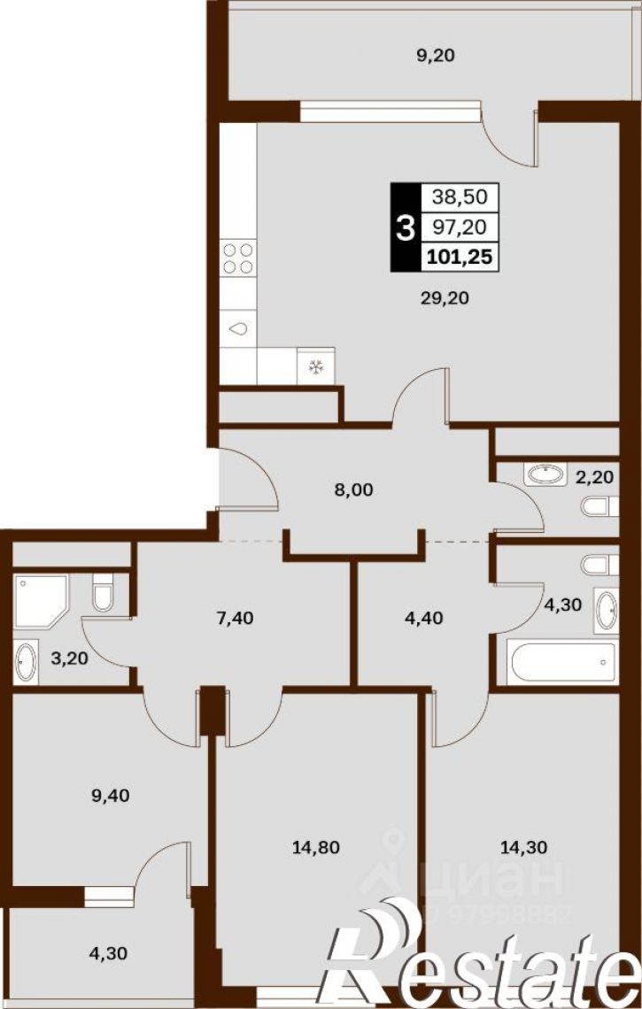3-комн квартира в новом доме улица Ленина, 221,  д. 221